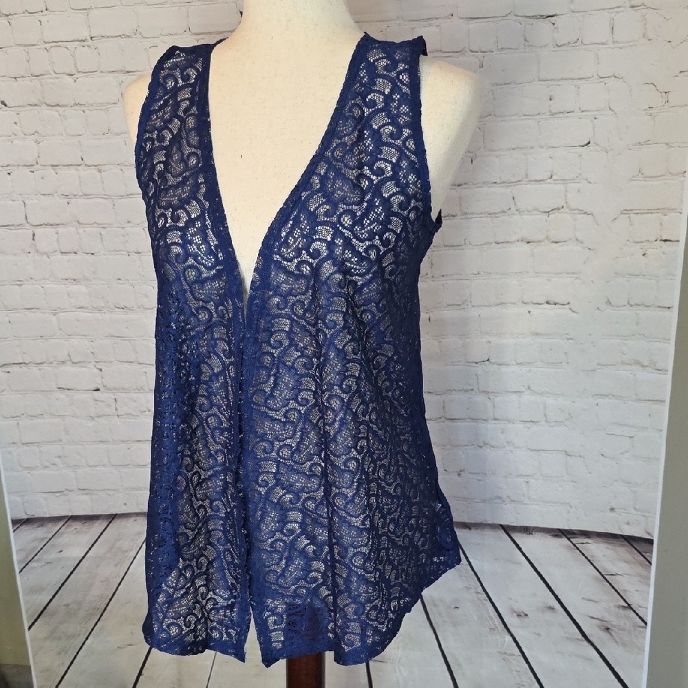 Unbranded Lace Vest Women Size L 14 Navy Blue Open Front Sheer Layering Boho